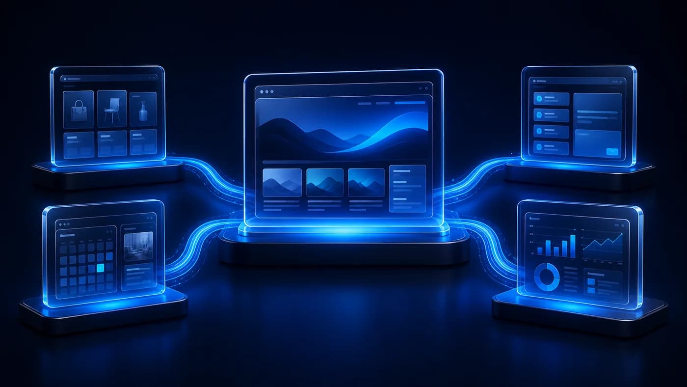 Ilustración de contenidos y funciones conectados en una web